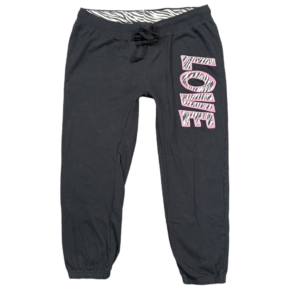Y2K BOTTOMS UP women's black pink zebra stripe "love" graphic sweat pants, XL.